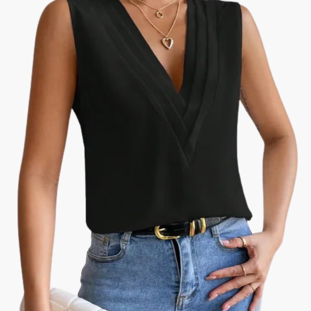 Solenne Elegant V-Neck Sleeveless Draped Women's Blouse