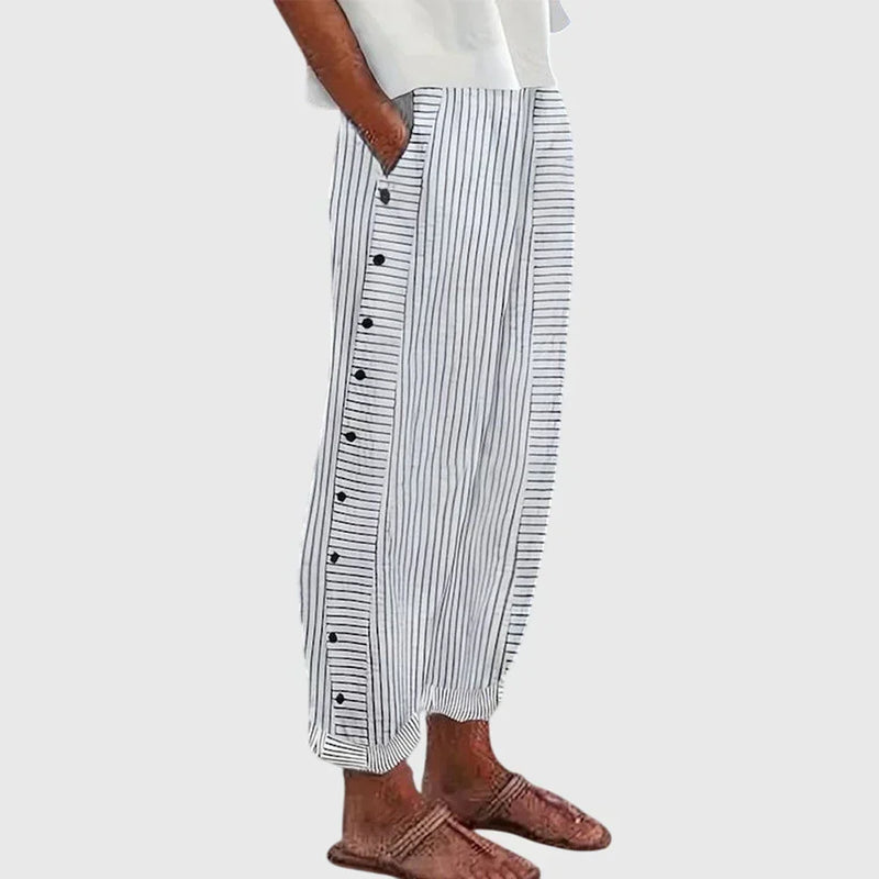 Women’s Striped Button Detail Trousers - Relaxed Fit