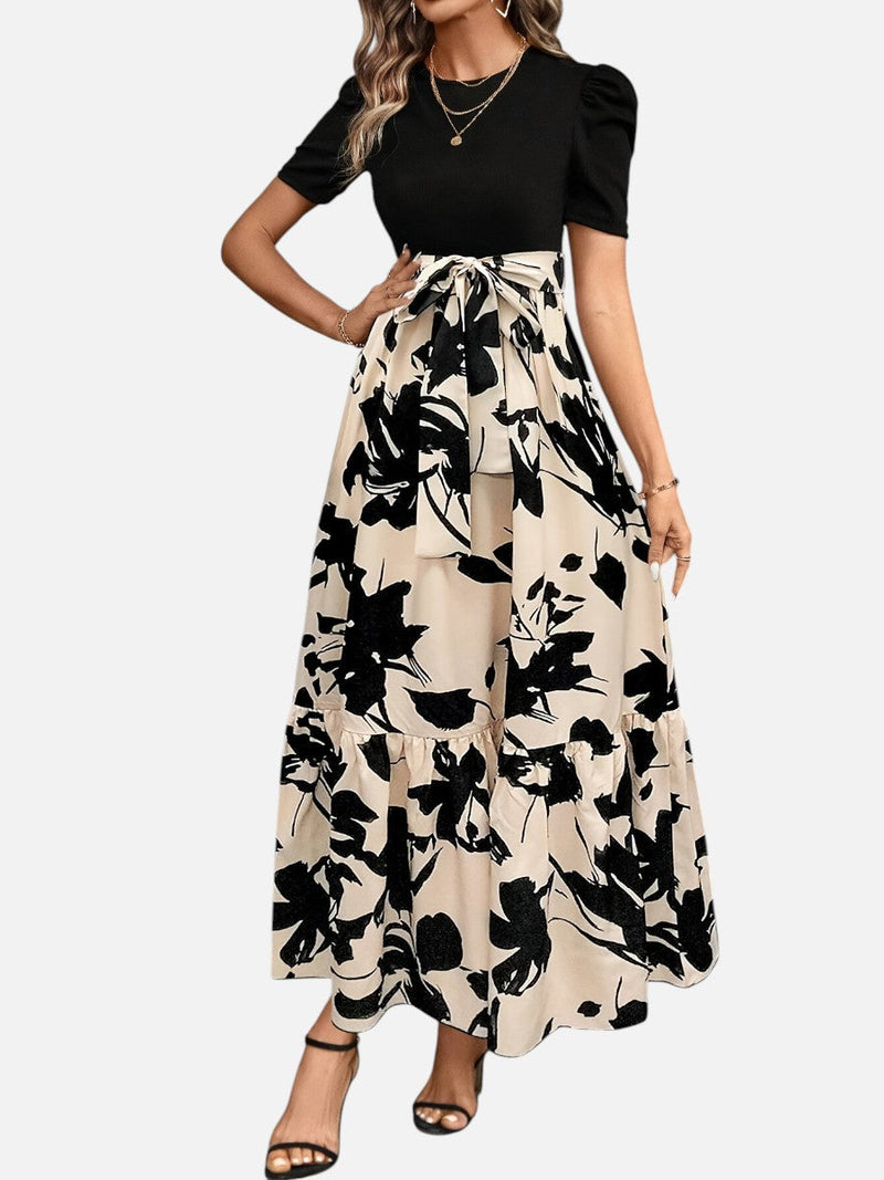 Women’s Floral Midi Dress - Puff Sleeve Belted Waist