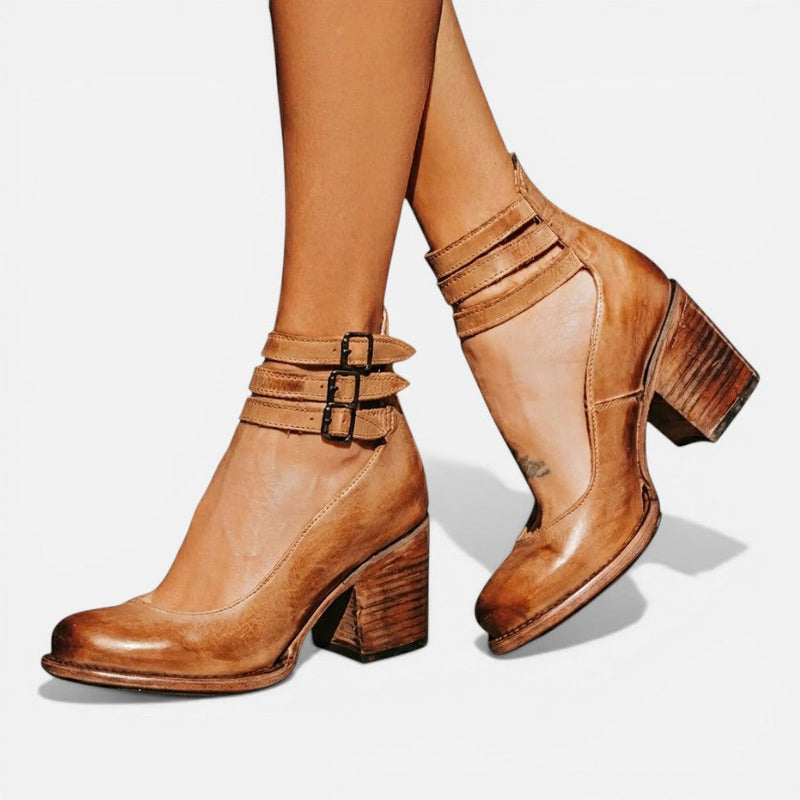Women's Block Heel Ankle Boots - Buckle Strap Comfort