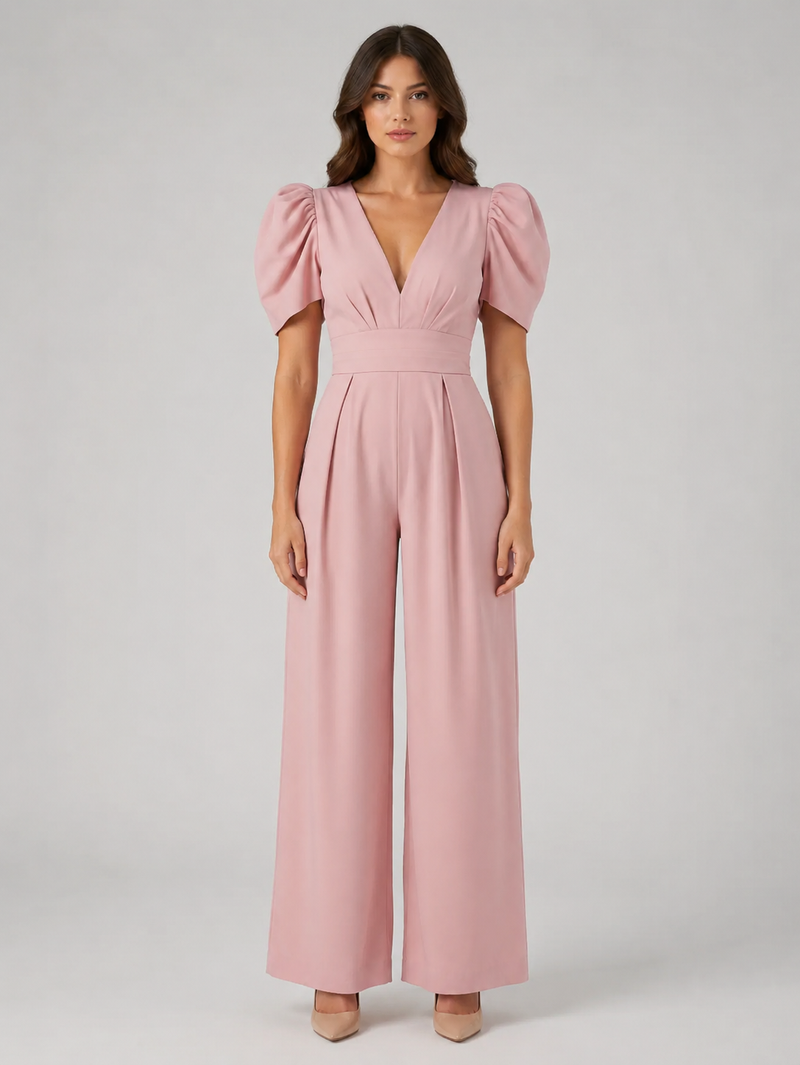 Women's Puff Sleeve Wide Leg Jumpsuit - Tailored Formal Style