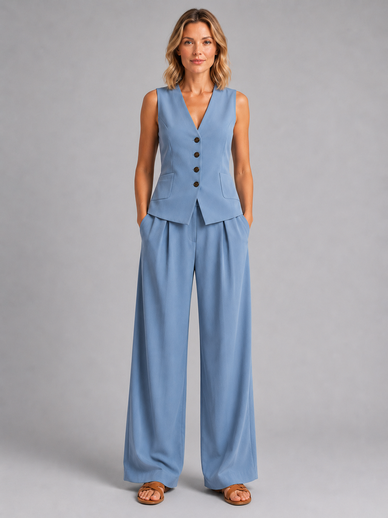 Women’s Sleeveless Waistcoat & Wide-Leg Trousers Set - Relaxed Tailored Co-Ord