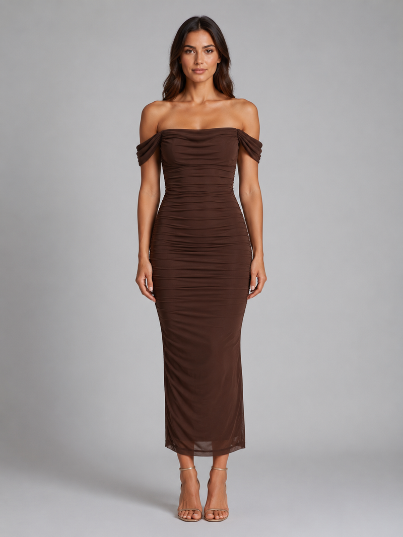 Women's Off-Shoulder Ruched Maxi Dress - Wedding Guest Gown