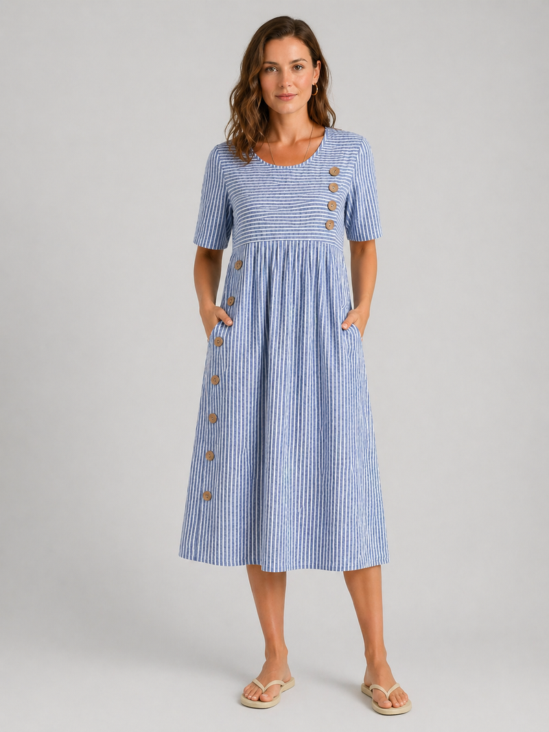 Women's Flattering Striped Midi Dress - Button Detail Fit