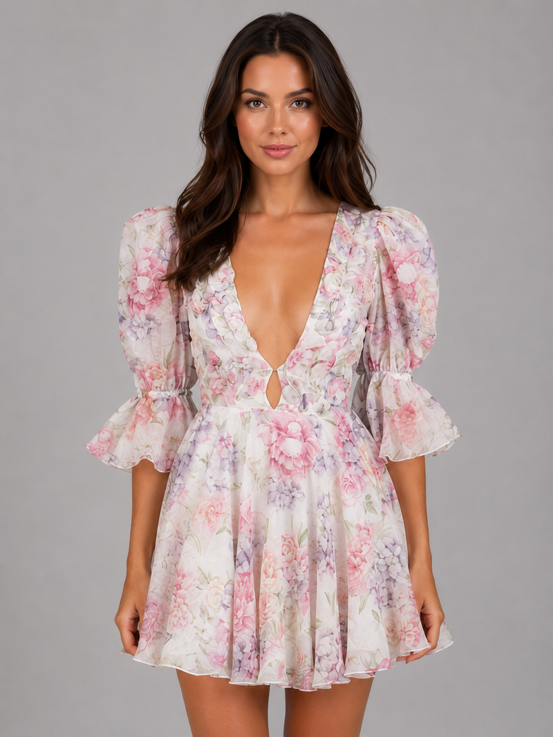 Women’s Floral Chiffon Mini Dress - Elegant Summer Occasion