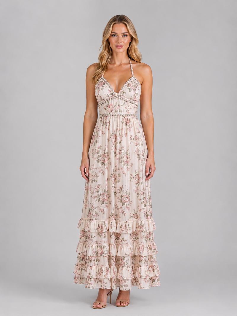 Women's Floral Ruffle Maxi Dress - Beaded Halter Neck