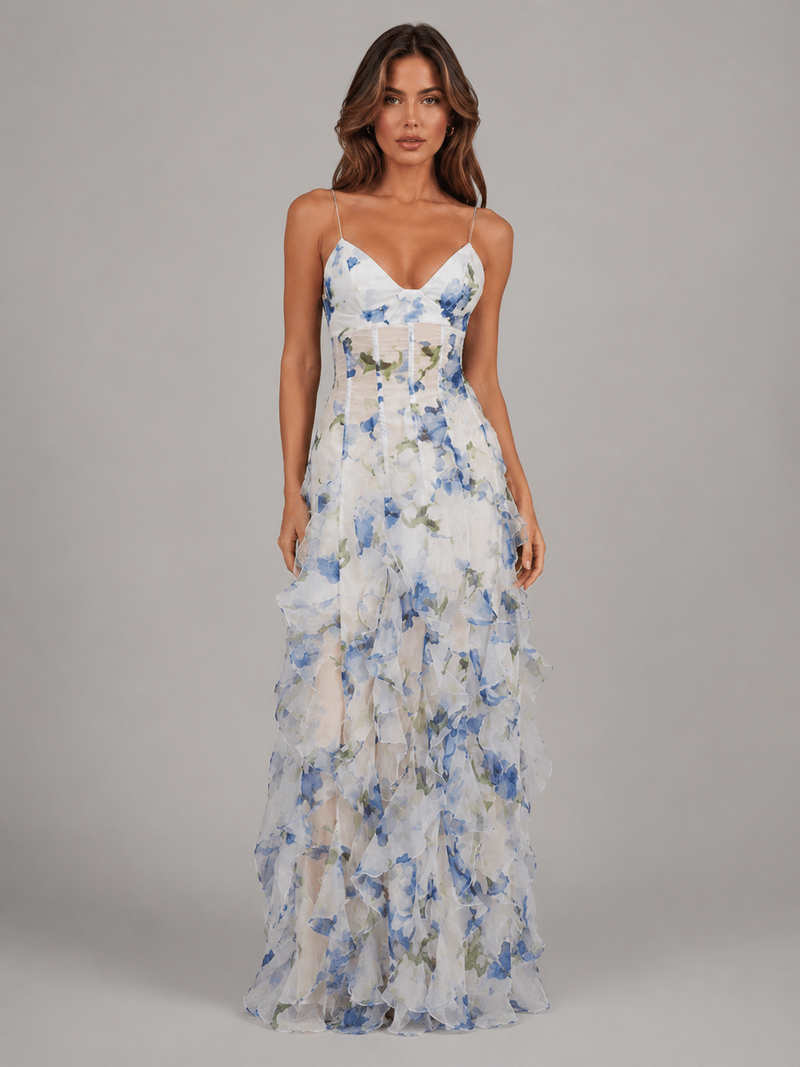 Women’s Floral Ruffle Maxi Dress - Chiffon Look Summer Elegance