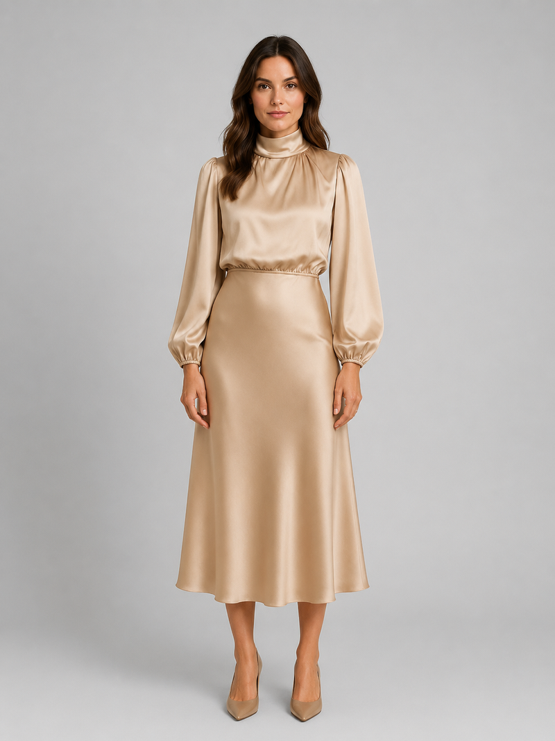 Women’s High Neck Satin Feel Midi Dress - Elegant Long Sleeve Fit