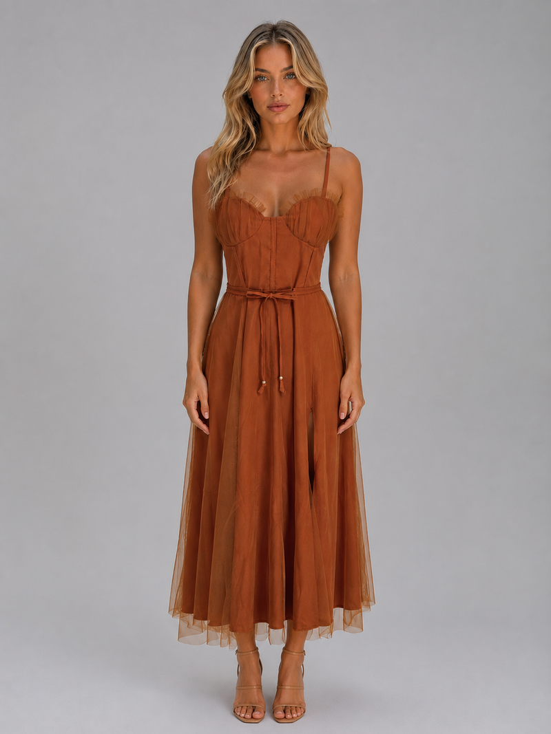 Women's Tulle Corset Midi Dress - Tie Waist & Sculpted Silhouette