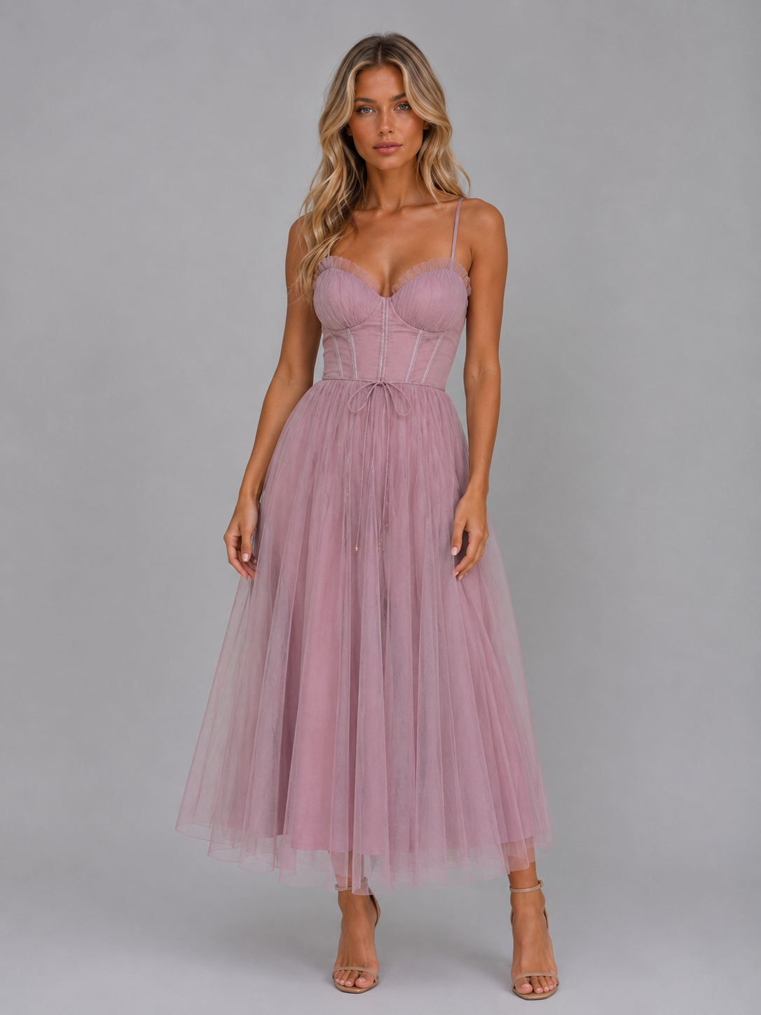 Women's Tulle Corset Midi Dress – Tie Waist & Sculpted Silhouette