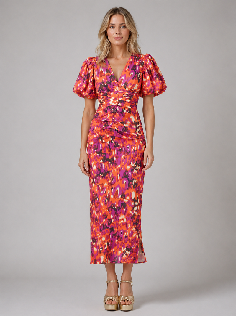 Women’s V-Neck Puff Sleeve Midi Dress - Summer Occasion Style