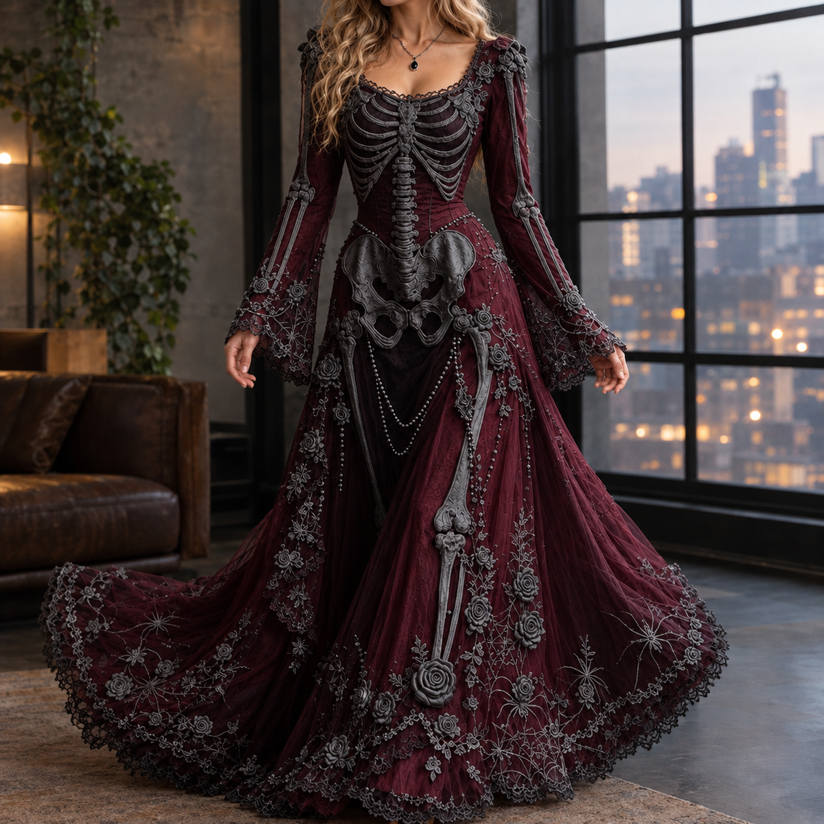 Lucinda-Elise Skeleton Maxi Dress - Black Burgundy