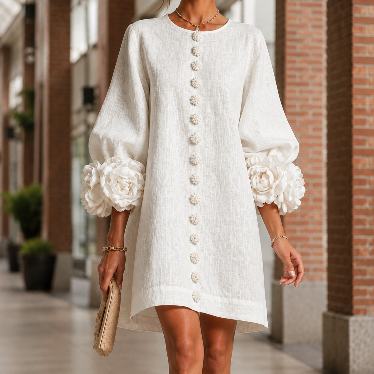 Elise Floral Cuff Dress - White